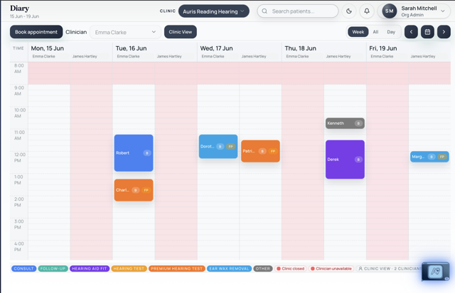 Seviko clinician diary filtered to a single clinician's week
