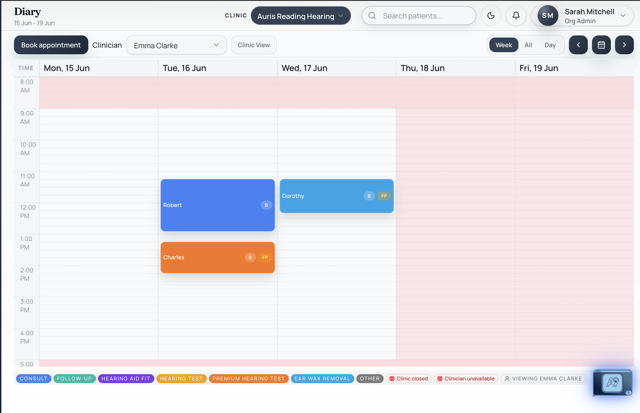 Seviko weekly diary showing colour-coded appointments across clinicians